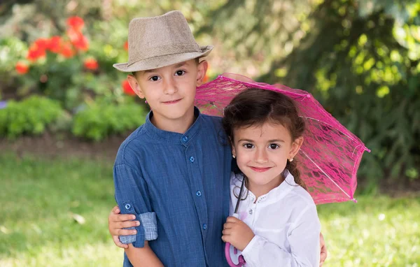 Smiling Sister Brother Posing Garden — Stock Photo, Image