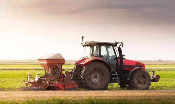 Agriculteur Avec Semis Tracteur Semis Cultures Dans Les Champs Agricoles — Photo