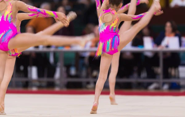 Girl Beautiful Gymnastic Dress Doing Exercise — Stock Photo, Image