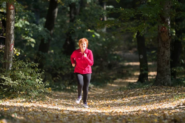 Średnim Wieku Kobieta Noszenia Odzieży Sportowej Uruchomiona Lesie Góry — Zdjęcie stockowe