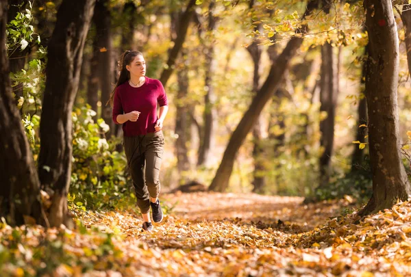 Beautiful Girl Running Trough Forest Autumn — Stock Photo, Image