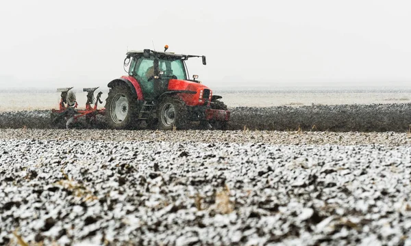 Tractor Plowing Field Winter — Stock Photo, Image