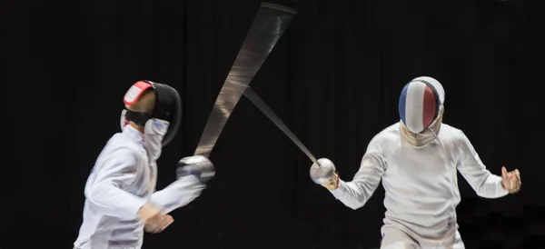 Two Man Fencing Athletes Fight Professional Sports Arena — Stock Photo, Image