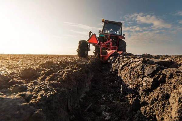 Tracteurs Labourant Des Champs Chaume — Photo