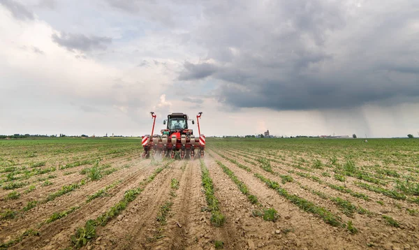 Petani Dengan Penanaman Benih Traktor Lahan Pertanian — Stok Foto