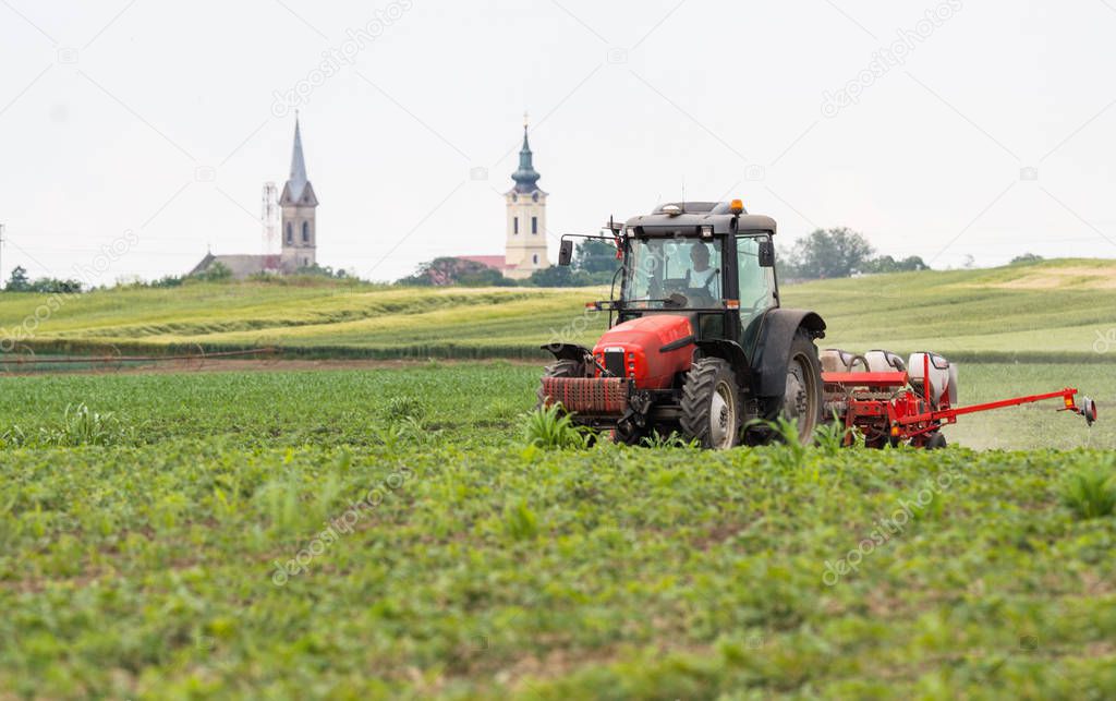  Farmer with tractor seeding  crops at agricultural field