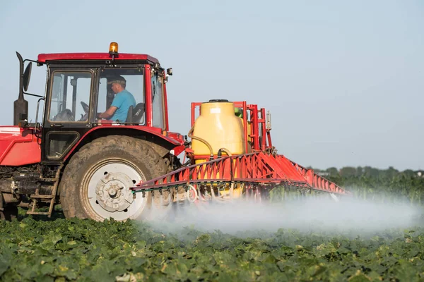 Landwirt Auf Traktor Mit Sprühgerät Macht Dünger Für Junges Gemüse — Stockfoto