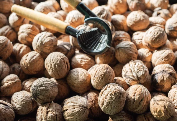 Nötknäpparen och massa valnötter på bord — Stockfoto