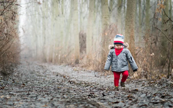 Uśmiechnięty chłopczyk spaceru w drewnie — Zdjęcie stockowe