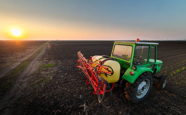Pulvérisation de pesticides par tracteur au champ de soja — Photo