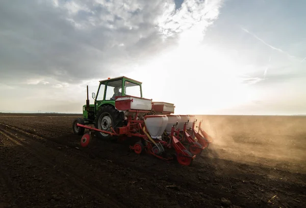 Farmář s traktorem setí sóji plodiny na zemědělský pozemek — Stock fotografie
