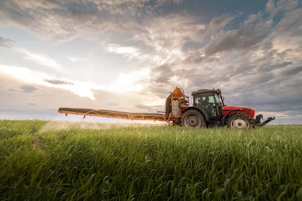 Traktor sprutning bekämpningsmedel på vetefält — Stockfoto