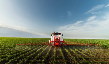 Traktör baharda soya tarlasına böcek ilacı püskürtüyor.
