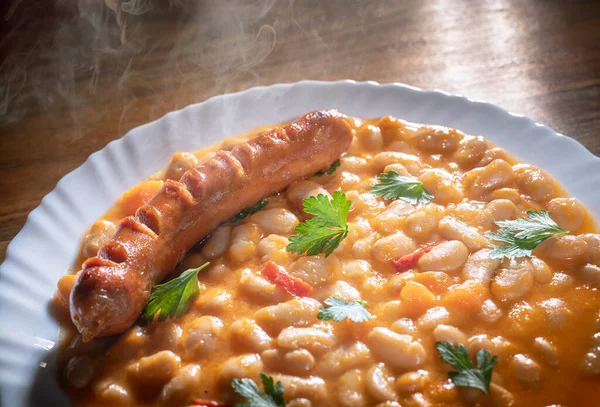 Baked Beans Sausage White Plate — Stock Photo, Image