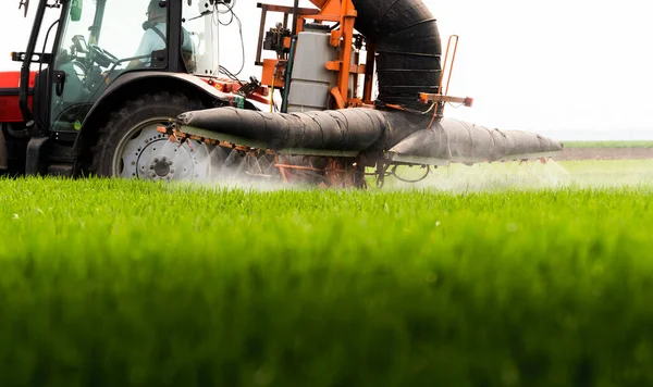 Tractor Die Pesticiden Spuit Een Groen Veld — Stockfoto