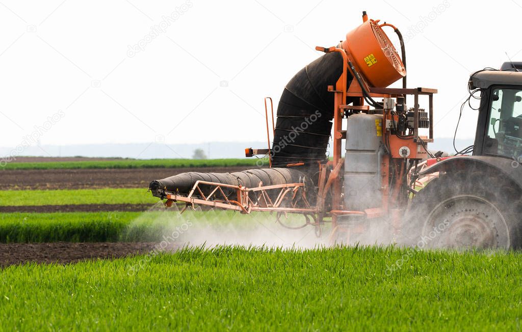 Tractor spraying pesticides over a green field