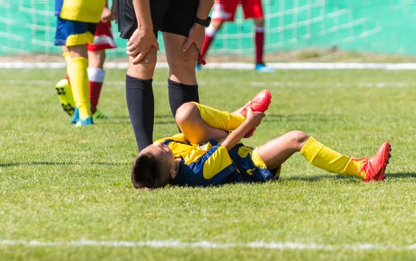 Young Boy Soccer Player Injured His Leg Match — Stock Photo, Image
