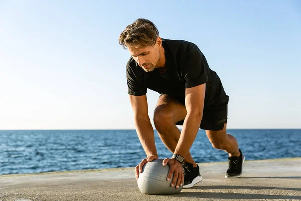 Handsome Adult Sportsman Doing Push Ups Fit Ball Seashore — Stock Photo, Image