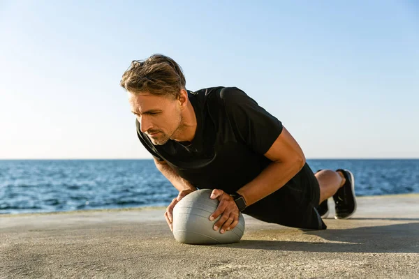 Handsome Adult Sportsman Doing Push Ups Fit Ball Seashore — Stock Photo, Image