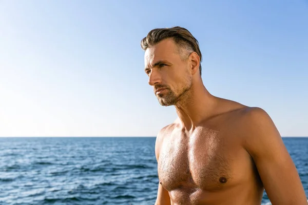Sem camisa molhado adulto homem olhando para longe na praia — Fotografia de Stock