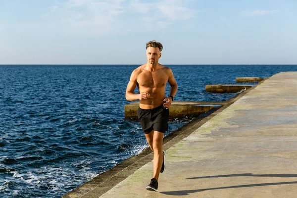 Sportif torse nu musclé jogging sur le bord de la mer — Photo de stock