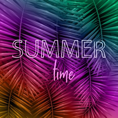 Soyut kağıt kesim ve tropikal yaprakları olan yaz tipografik tasarımı merhaba. Pankart, kart, poster için şablon. Vektör illüstrasyonu.