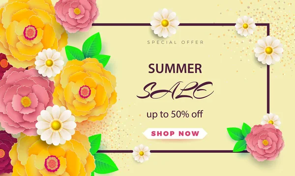 Sommerschlussverkauf Banner mit Papierblumen auf hellem Hintergrund. das Banner ist ideal für Werbeaktionen, Zeitschriften, Werbung, Webseiten. — Stockvektor