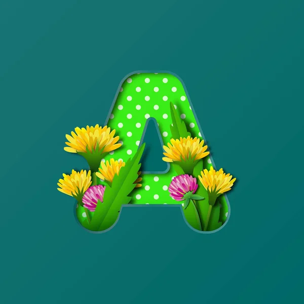 Letter A with paper summer wildflowers dandelions and clover. Style of paper craft. Vector illustration.Decoration origami element for birthday or greeting design