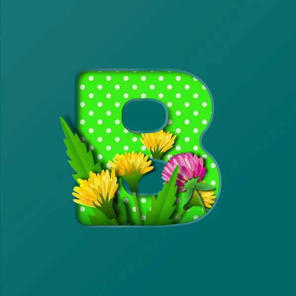 Letter B with paper summer wildflowers dandelions and clover. Style of paper craft. Vector illustration.Decoration origami element for birthday or greeting design