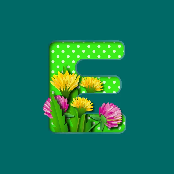 Letter E with paper summer wildflowers dandelions and clover. Style of paper craft. Vector illustration.Decoration origami element for birthday or greeting design