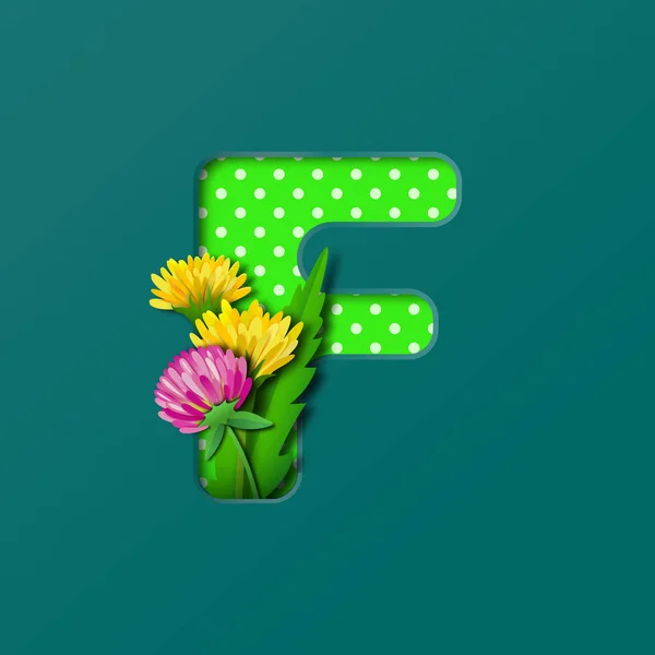 Letter F with paper summer wildflowers dandelions and clover. Style of paper craft. Vector illustration.Decoration origami element for birthday or greeting design