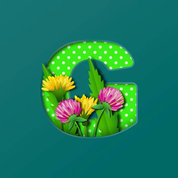 Letter G with paper summer wildflowers dandelions and clover. Style of paper craft. Vector illustration.Decoration origami element for birthday or greeting design