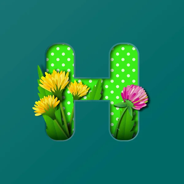 Letter H with paper summer wildflowers dandelions and clover. Style of paper craft. Vector illustration.Decoration origami element for birthday or greeting design