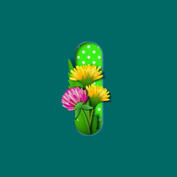 Letter I with paper summer wildflowers dandelions and clover. Style of paper craft. Vector illustration.Decoration origami element for birthday or greeting design
