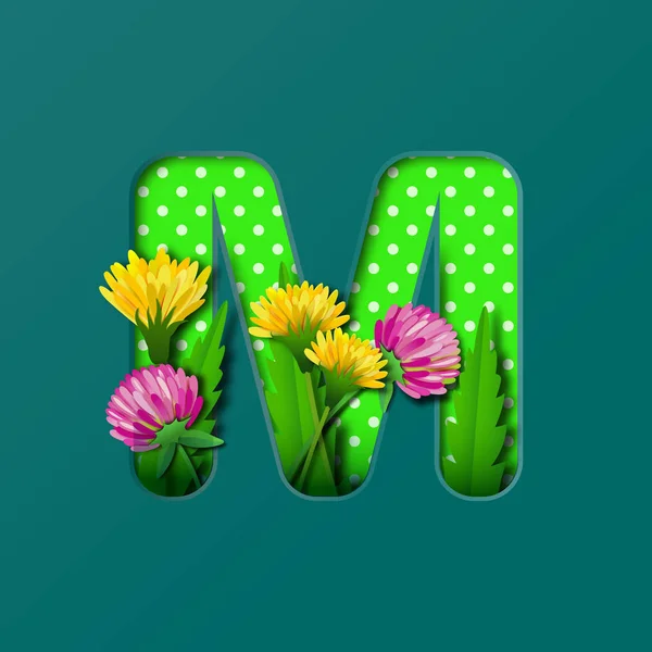 Letter M with paper summer wildflowers dandelions and clover. Style of paper craft. Vector illustration.Decoration origami element for birthday or greeting design