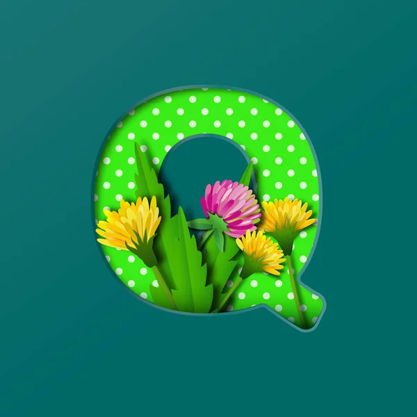 Letter Q with paper summer wildflowers dandelions and clover. Style of paper craft. Vector illustration.Decoration origami element for birthday or greeting design
