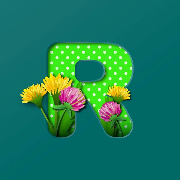 Letter R with paper summer wildflowers dandelions and clover. Style of paper craft. Vector illustration.Decoration origami element for birthday or greeting design