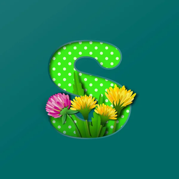 Letter S with paper summer wildflowers dandelions and clover. Style of paper craft. Vector illustration.Decoration origami element for birthday or greeting design