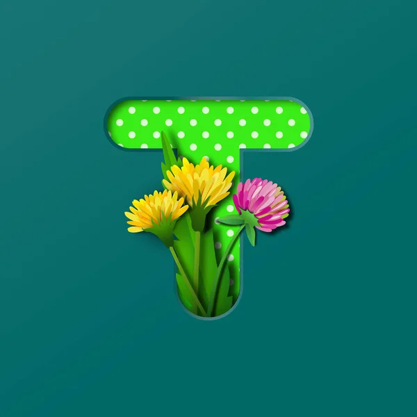Letter T with paper summer wildflowers dandelions and clover. Style of paper craft. Vector illustration.Decoration origami element for birthday or greeting design