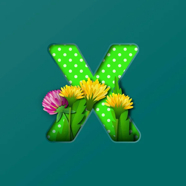 Letter X with paper summer wildflowers dandelions and clover. Style of paper craft. Vector illustration.Decoration origami element for birthday or greeting design