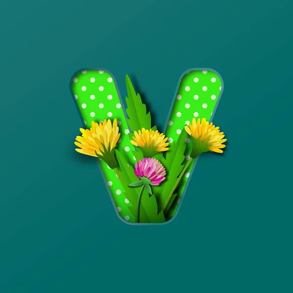 Letter V with paper summer wildflowers dandelions and clover. Style of paper craft. Vector illustration.Decoration origami element for birthday or greeting design