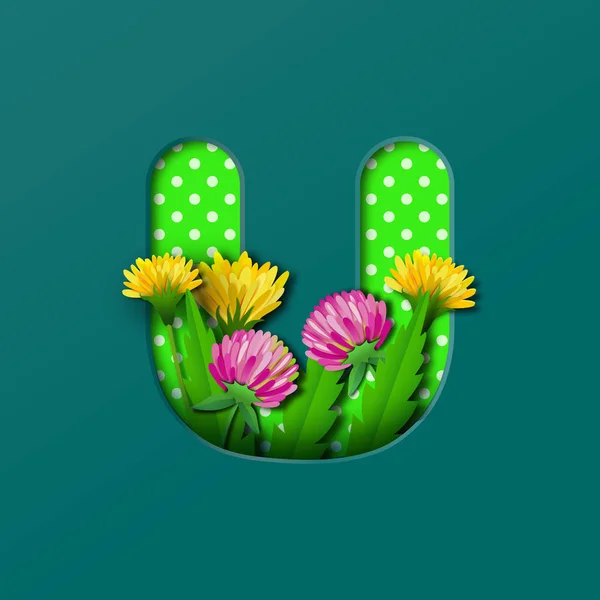 Letter U with paper summer wildflowers dandelions and clover. Style of paper craft. Vector illustration.Decoration origami element for birthday or greeting design