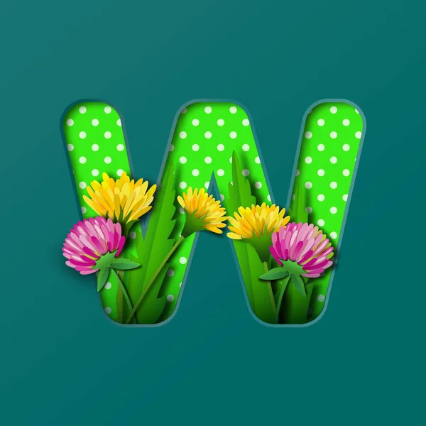 Letter W with paper summer wildflowers dandelions and clover. Style of paper craft. Vector illustration.Decoration origami element for birthday or greeting design