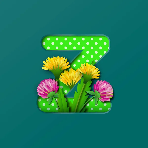 Letter Z with paper summer wildflowers dandelions and clover. Style of paper craft. Vector illustration.Decoration origami element for birthday or greeting design