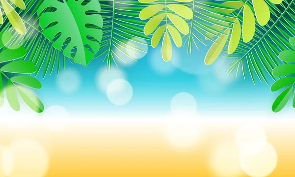 Hallo sommertypografisches Design mit abstrakten Formen des Papierschnitts und tropischen Blättern. Vektorillustration. — Stockvektor