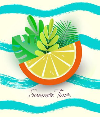 Yaz tatil banner - parlak bir turuncu dilim tropikal yaprak ile dinlenme, seyahat, tatil bir sembolü olarak. Bir festival mevsimlik kavramı, vektör