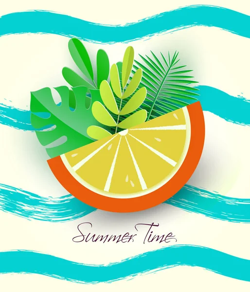 Banner de férias de verão - uma parte cor-de-laranja brilhante com folhas tropicais, como um símbolo de resto, viagem, férias. Um conceito sazonal festivo, vetor — Vetor de Stock