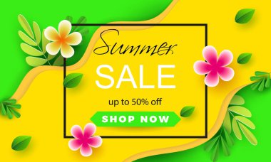 Yaz satış afiş kağıt çiçekler ve hafif bir arka plan üzerinde bırakır. Afiş, promosyonlar, dergiler, reklam, Web siteleri için idealdir. Vektör çizim.