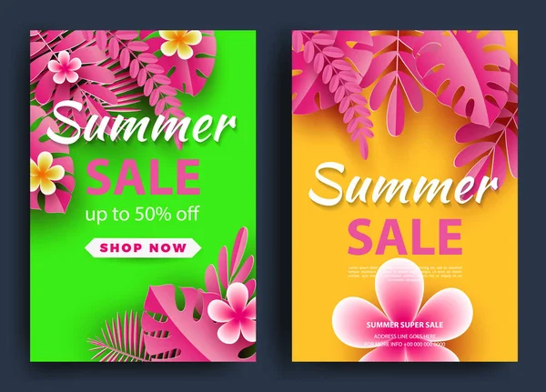 夏季销售横幅的背景布局 热带的叶子和花朵 明信片 凭证模板 矢量插图 — 图库矢量图片
