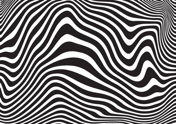 Schwarz-weißer Wellenstreifen optisch abstraktes Design. Vektorhintergrund. gekrümmte Linien — Stockvektor